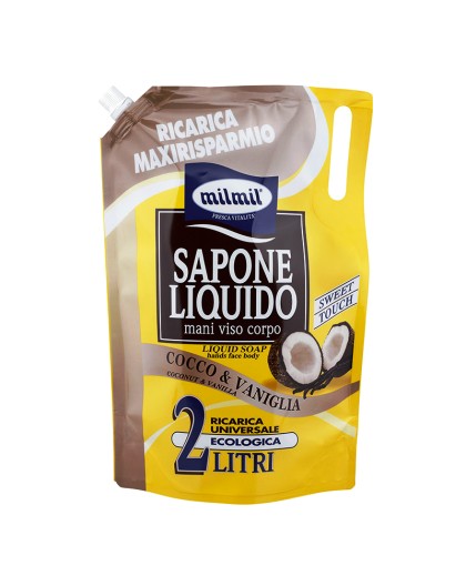 Milmil Sapone Liquido Ricarica Cocco & Vaniglia 2 Litri Mani Viso Corpo